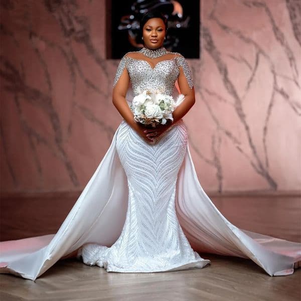 Aso Arabic Ebi White Mermaid Wedding Beaded Crystals Detachable Train Satin Bridal Gowns Dresses Vestidos De Novia
