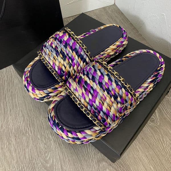 Women Straw Platform Sandals Designer Slide Luxury Slippers Metal Chain Hemp Rope Beach Sliders Thick Bottom Summer Shoes Size 35-41
