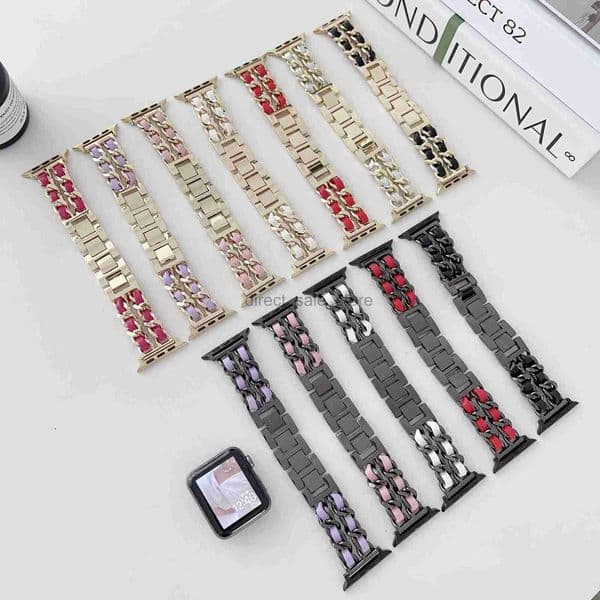 Fashion Genuine Leather Watch Bands For Apple Watch Strap 38 40 41 42 44 45 49 MM Designer Black Golden Link Chain Wristband iWatch 3 4 5 SE 6 7 Series Band