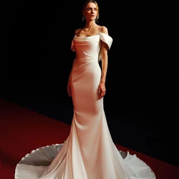 Boho Mermaid Wedding Dress Crystal Off the Shoulder Pleat Satin Formal Bridal Gown For Bride Customize Vestidos Novias Robe De Mairee