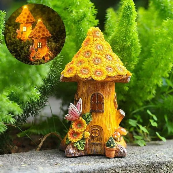 Resin Tree House Solar Decorative Lights Small House Ornaments Outdoor Garden Balcony Patio Path Decorative Lawn Lights 240304