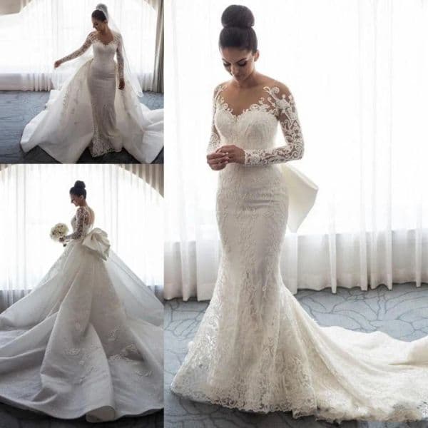 Mermaid Wedding Dresses Sheer Neck Long Sleeves Illusion Full Lace Applique Bow Overskirts Button Back Chapel Train Bridal Gowns 6660305