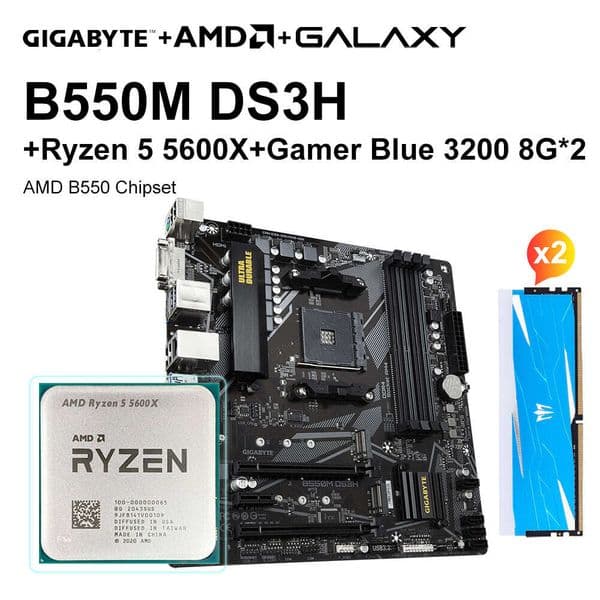 GIGABYTE B550M DS3H Motherboard Set+AMD Ryzen 5 5600X R5 5600X CPU+GALAXY 8G 3200 8G*2 RAM Motherboard Processor and Memory Kit