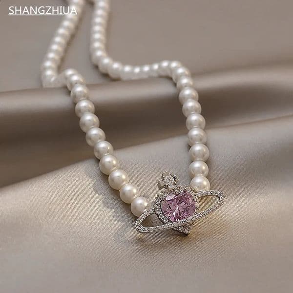 SHANGZHIHUA Korean Fashion Purple Heart Crystal Stud Necklace For Women Elegant Planet Pendant Jewelry Gifts 240313
