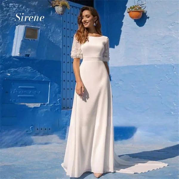 Neck Elegant O- Half Sleeve Floral Print Chiffon Wedding Dress Backless Sweep Train A Line Bridal Gown Vestidos De Novia YD