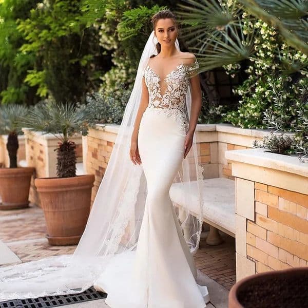V Bohemian Deep Mermaid Wedding Gown 2024 Lace Appliques Short Sleeves Satin Bridal Dress for Women Vestido De Mariee Elegant YD estido