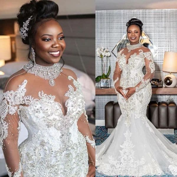 African Nigerian Crystal Dresses Sheer Long Sleeves Lace Beaded Mermaid Bridal Wedding Gowns Elegant Robe De Mariee 318