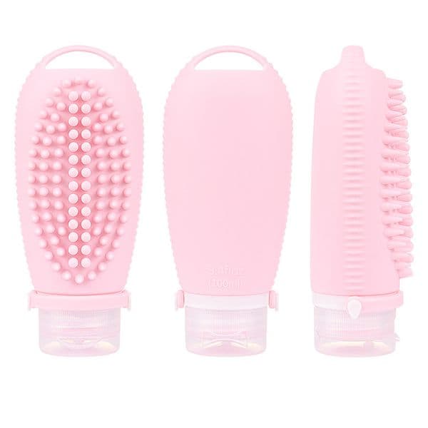 2 In 1 Silicone Refillable Empty Shampoo Bottle Liquid Hand Soap Lotion Container Dispenser Bath Shower Brush Hair Scalp Massager Scrubber Exfoliator Travel W0213