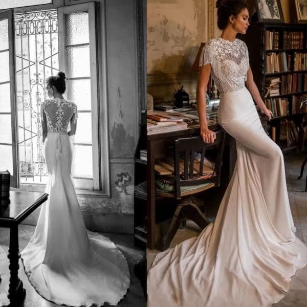 Mermaid Dresses Court Train Sexy Jewel Neck Hollow Back Lace Satin Beading Pearl Tassel Wedding Dress Bridal Gowns Bc184