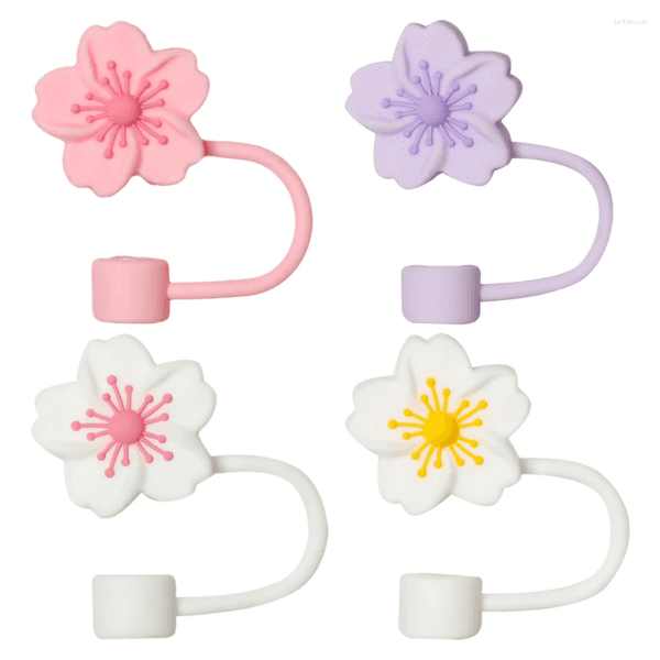 Drinking Straws 4Pcs Reusable Straw Covers Cartoon Flower Shaped Tips Toppers Tip 0607