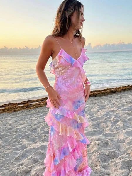 Sexy V Neck Colorful Ruffles Sling Dress for Women Backless Sleeveless Floor Length Slim Robes Lady Beach Holiday Vestidos 240318