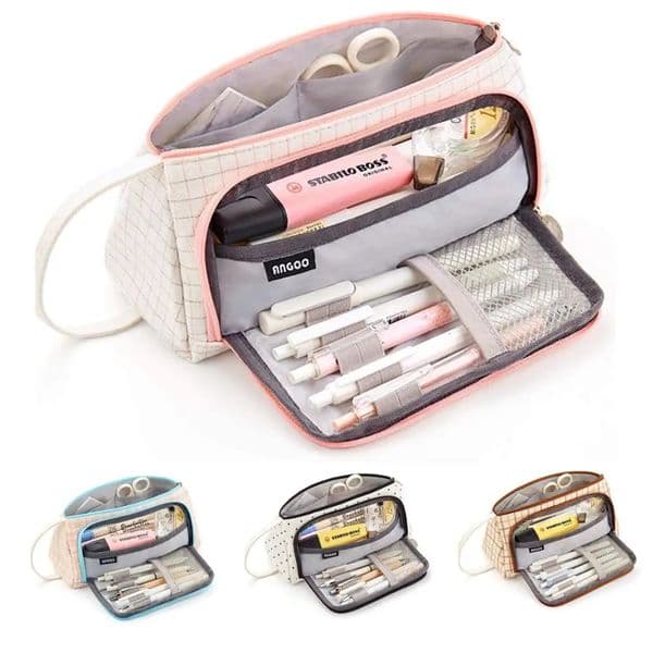 Angoo Special Grid Pen Pencil Case Multi Slot Plaid Storage Bag Organizer for Stationery Cosmetic Student A6443 240311