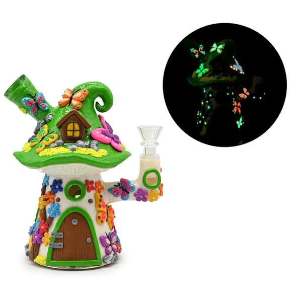 Glass Bongs With Cute Mushrooms House,Glow In Dark,Mushroom Bongs With Cartoon Flower & Butterfly,Borosilicate Glass Water Pipe,Glass Hookah,Smoking Accessaries