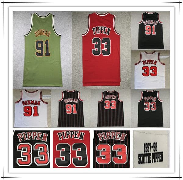 Men Retro Basketball Jerseys Scottie 33 Pippen Dennis 91 Rodman Pinstripe Black Red White Green Vintage Stitched Sports Uniforms S-XXL
