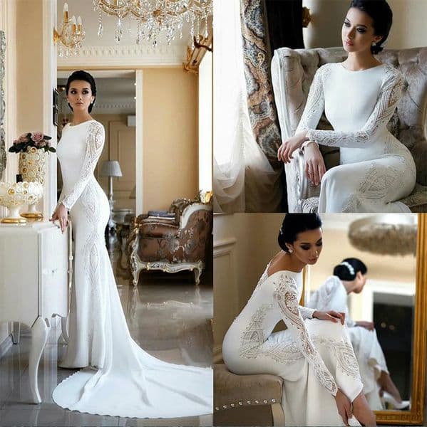 Modest Mermaid Wedding Dresses Lace Appliqued Beaded Berta Sweep Train Boho Wedding Dress Bridal Gowns Sleeves abiti da sposa Gown 2024