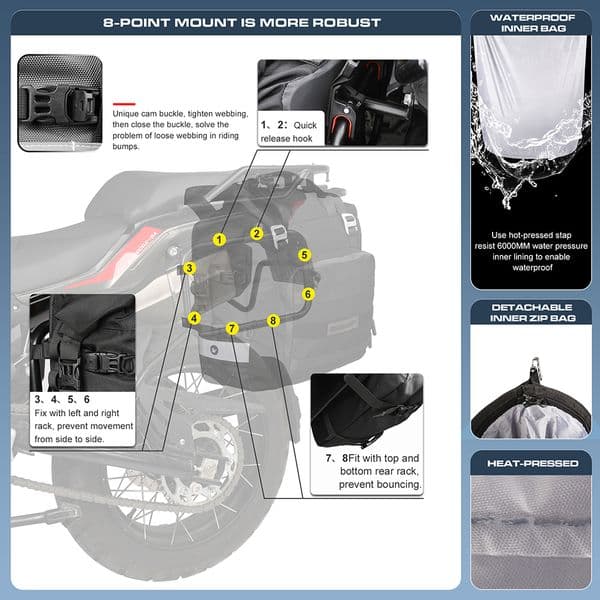 Rhinowalk Motorcycle Side Bag Fully Waterproof Inside 20L Expand 30L Universal Hook Saddle Bag With Removable Motorbike Luggage