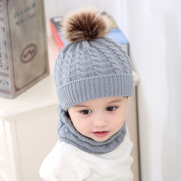 SH261 cross-border new warm children's hat European and American winter scarf set acrylic fur ball baby hat