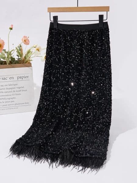 Women Black Sequined Feather Skirt 2024 Fall Winter Party Hip Skirt Slim Festival Female Chic Bottoms New High A-Line Skirts