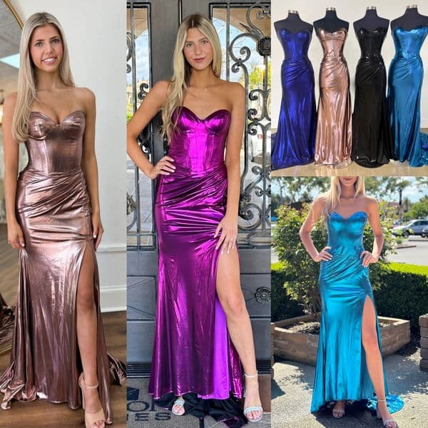 Strapless Corset Metallic Prom Dress Ruched High Leg Slit Long Winter Formal Event Party Gown Red Carpet Runway Oscar Gala Pageant Magenta Rose Gold Royal Ocean Blue