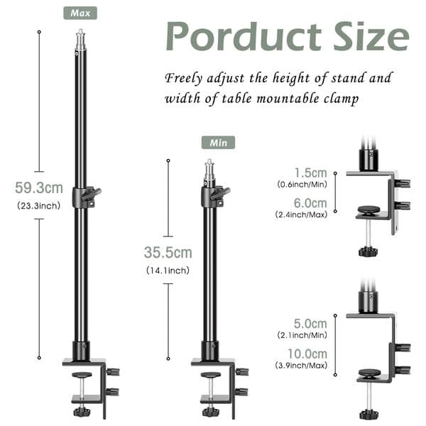 SH Adjustable Tabletop Bracket Stand With 1/4" Ball Head Desktop C-clamp Light Stand For DSLR Camera, Ring Light, Video Monitor