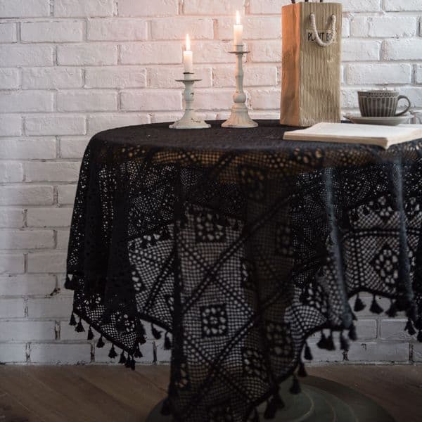 Gothic Black Lace Tablecloth, Rectangle Crochet Knitting, Piano Towel Cover, Round Tablecloth, Table Decor