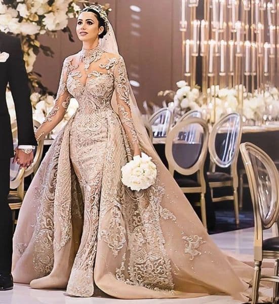 Champagne Arabic Mermaid Wedding Dress With Detachable Train High Neck D Lace Appliques Long Sleeves Bride Gowns Vestidos De Noivas