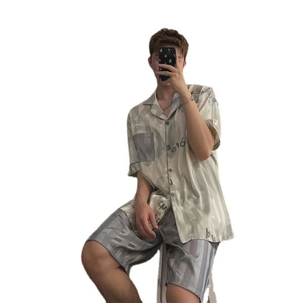 Men Pajama Sets Silk Satin Short Sleeve Shirt+Shorts 2Pcs Suit Summer Thin Sleepwear Solid Color Male Casual Homewear Clothes