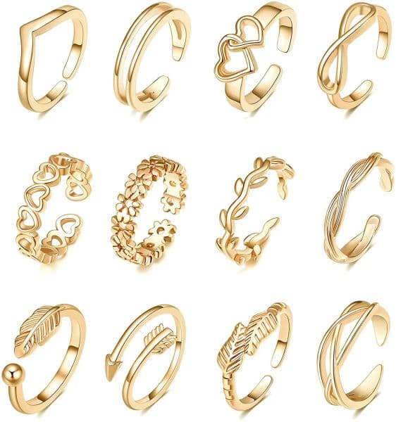 12pcs/set Dainty Women Summer Beach Unique Leaf Heart Feather Opening Barefoot Finger Rings Cute Arrow Toe Rings Foot Jewelry