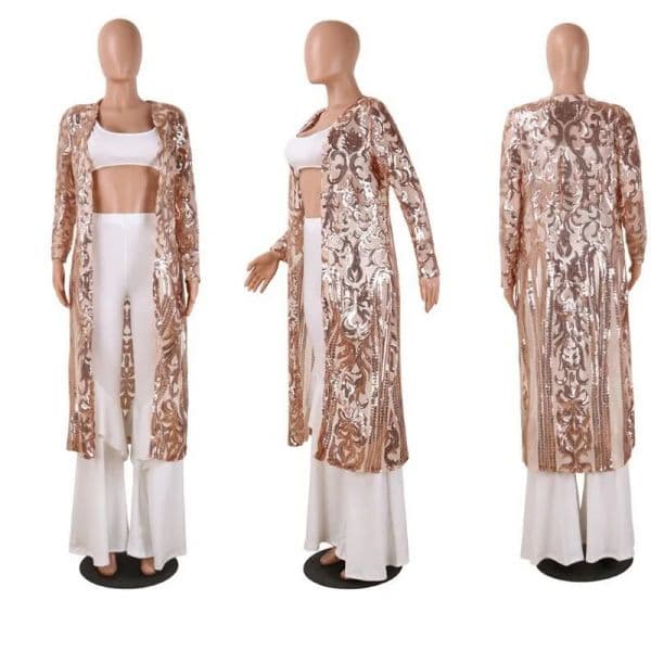 S-5XL 8 Colors Available Sequins Long Cardigan Elegant Casual Women Mesh See Through Coat Open Stitch Feminino Ouro Lantejoula