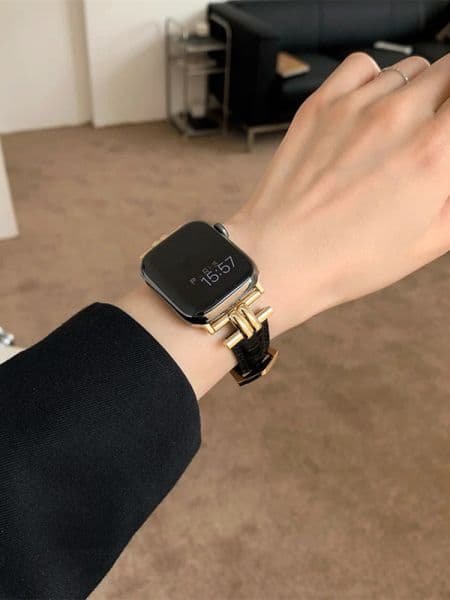 Luxury Gold Metal Real Leather Band For iWatch Series 8 7 6 5 4 3 SE Women Slim Strap For Apple Watch 41mm 40mm 38mm 45 42 44 49