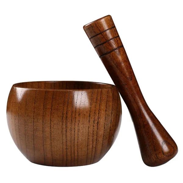 Natural new Handcrafted Bamboo Bowl Flat-Bottomed Can And Garlic Stick Pounded Garlic Jar Round Pounding Garlic Mortar 2025 Wooden Grinde