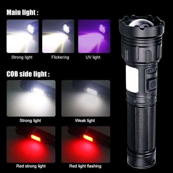 395nm UV Flashlight Ultraviolet Torch Zoomable Powerful Military flashlight Purple light Rechargeable usb Flashlight COB Side