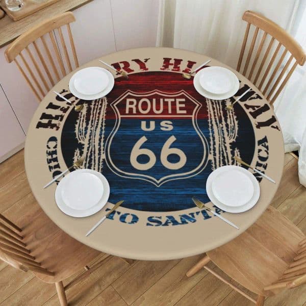 Round 2025 Waterproof Route 66 America Road Vintage Trip Table Cover Elastic Fitted Table Cloth Backing new Edge Tablecloth for Dining