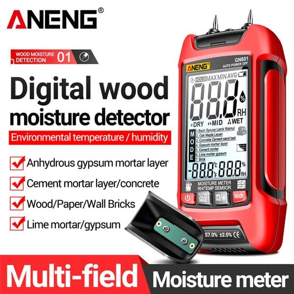 ANENG GN601 Wood Moisture Meter 0-99.9% Digital Temperature Humidity Meter 20.5% RH Display Pin-Type for Wood/Building Materials