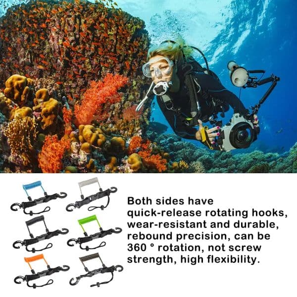 Diving Flashlights Anti-lost Spiral Lanyard Stainless Steel Cable Safety Emergency Tool with Quick-release Buckle Leash Orange