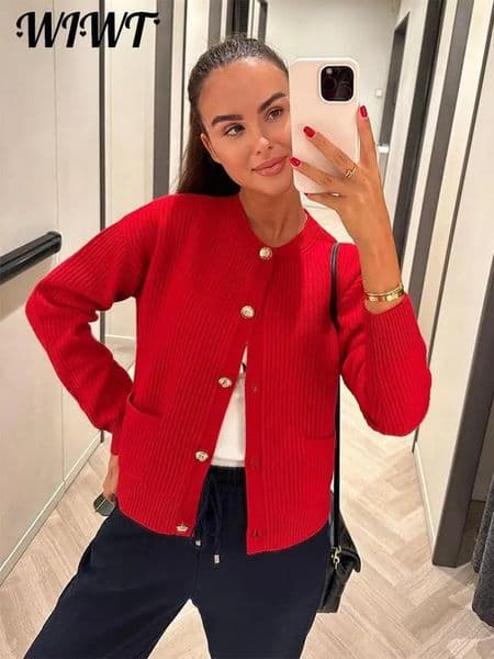 Christmas Red Knit Women Cardigan Autumn Elegant O-neck Long Sleeve Single Breasted Sweater Fashion Office Lady Pocket Coat 240424