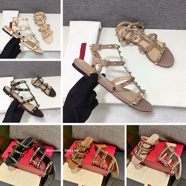 Women Sandals Designer Flat Slippers High-heeled sandals rivet Leather Casual Flip Flops Luxury Summer fashion Party Slides with box 35-41