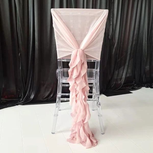 Mesh Hood and Chiffon Ruffle Chair Cap Sash Blush Pink White Blue Wedding Party Decor 12Pcs 240430