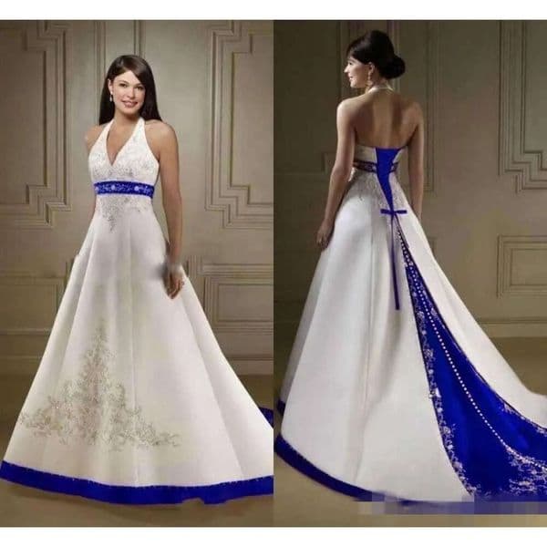 Royal Vintage Red Dresses Blue Dark Ivory A e Halter Embroidery Lace Appliqued Beaded Crystal Buttons Wedding Bride Gown Ppliqued