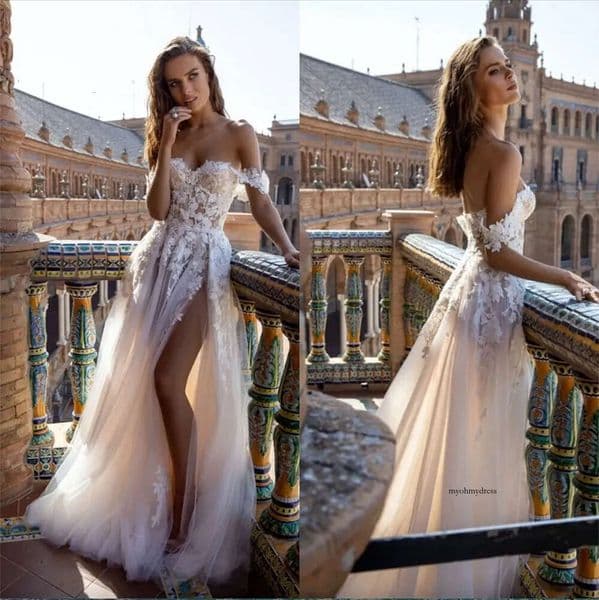 2023 Lace Dresses Off Shoulder Applique High Side Split A-Line Bridal Gowns Open Back Sweep Train Wedding Dress Robe De Mariage 0509