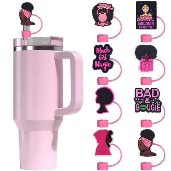 Black Girl Straw Covers Cap for Tumblers mug Cup, 10mm Cartoon Straw Topper, Silicone Straw Tip Covers for Drinking Straws