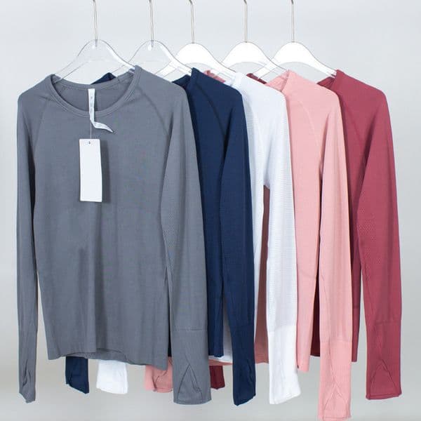 Womens Yoga Long Sleeve Shirt Blouse Solid Color Pinstripe 2.0 Sports Fitness Women Round Neck Jogging Sportswear Breathable