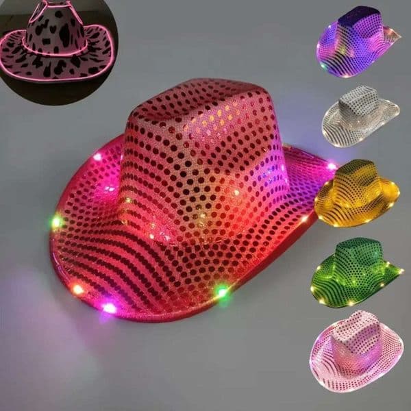 Hat Light Shinny Cowgirl LED Flashing Up Sequin Cowboy Hats Luminous Caps Halloween Christmas Costume Accessories S