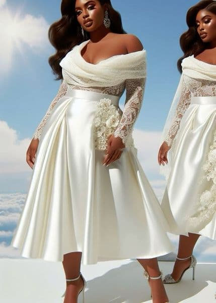 2024 Plus Size Tea Length A Line Wedding Dresses Off The Shoulder Long Sleeves Lace And Satin Ivory Bridal Gowns Hand Made Flowers Empire Waist Pastrol Bride Dress