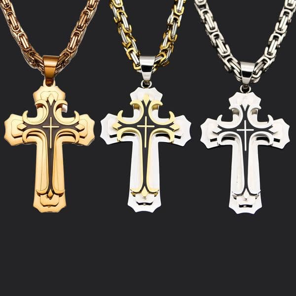 Stainless Steel Double Layers Cross Pendant Necklace Religion Jewelry with Chain