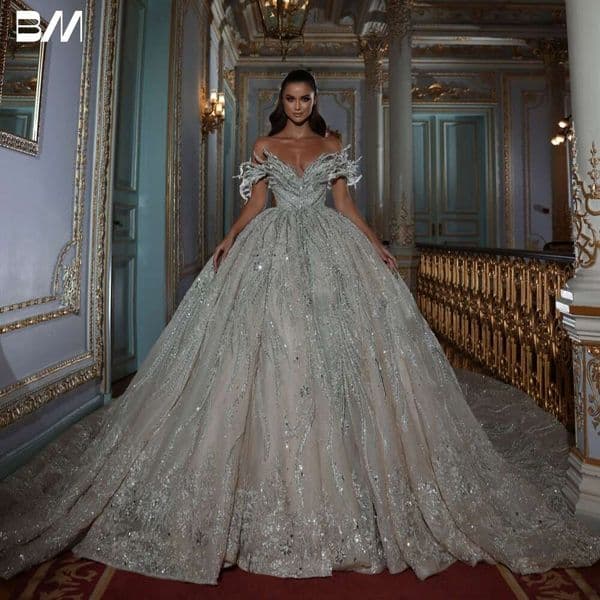 V Elegant Neck Wedding Exquisite Beaded Crystals Bridal Gown Shiny Or Length Bride Dresses Vestidos De Novia estidos