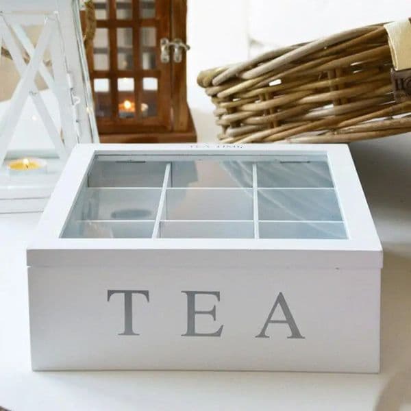 White Bamboo Tea Box With 9 Compartments Coffee Tea Bag Storage Holder Organizer For Kitchen Cabinets Home Tea Holders 240514