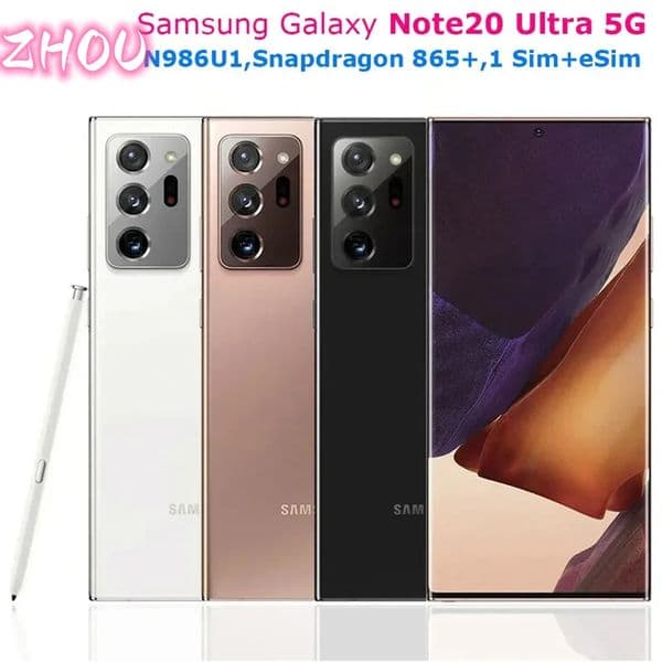 Refurbished S a m s ung Galaxy Note 20 Ultra 5G Note20 N986U1 128G/256G/512GB Octa Core Snapdragon 865+ 6.9" 12GB 108MP&Dual 12MP CellPhone eSim