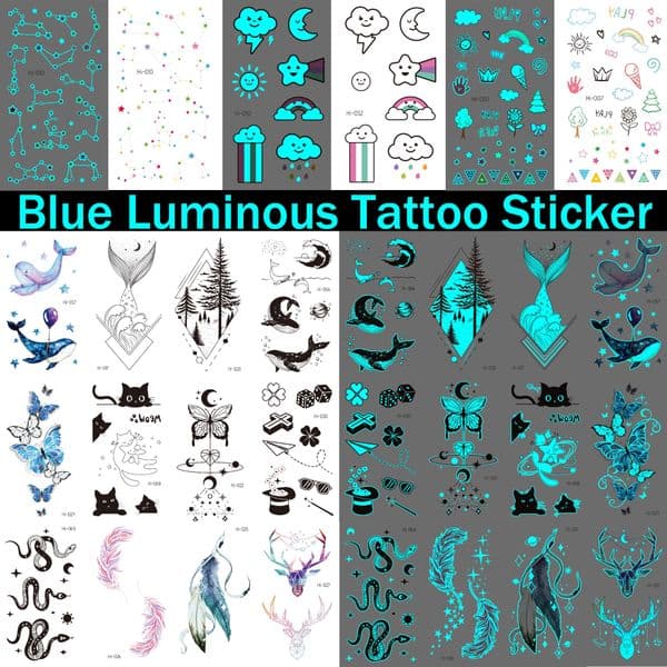 Blue Glowing Luminous Elk Temporary Tattoos For Girls Women Adults In The Dark Whale Snake Cat Fake Tattoo Sticker Body Tatoos
