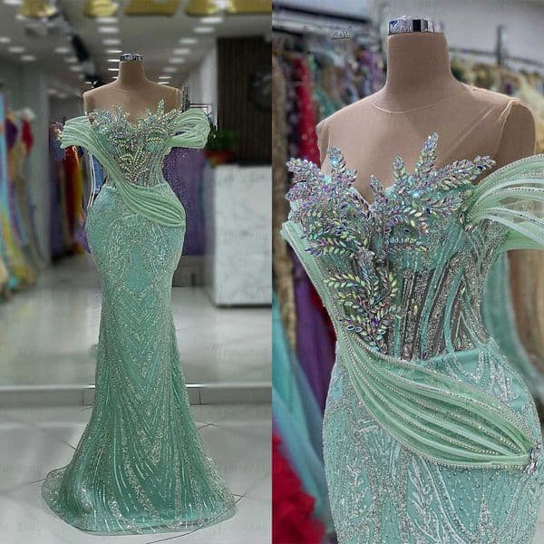 Design Prom Dresses Mermaid Appliques Crystals Sequins Lace Tulle Off Shoulder Zipper Sweep Train Custom Made Plus Size Party Evening Dress Vestido De Noite